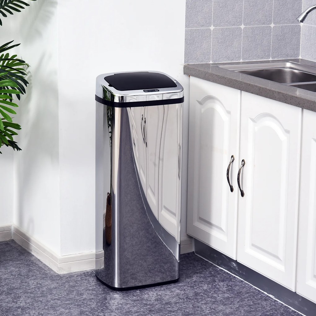 HOMCOM Balde de Lixo Inteligente de Aço Inoxidável 50L com Sensor Infravermelho de Abertura Automática para Cozinha Dormitório Casa de Banho 33x25x84 cm Prata e Preto