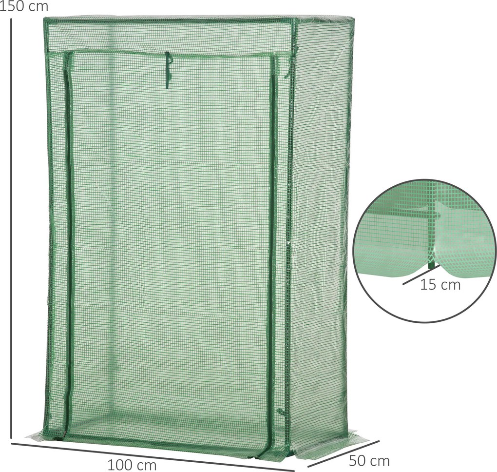 Estufa de jardim 100 x 50 x 150 cm, estufa de varanda, lona reforçada com PE, estrutura em aço, porta enrolável com fecho de correr, verde