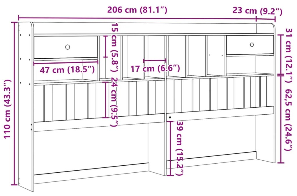 Cabeceira com arrumação 200 cm pinho maciço castanho-mel