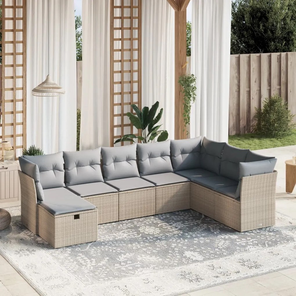 vidaXL 8 pcs conj. sofás jardim c/ almofadões vime PE bege misturado