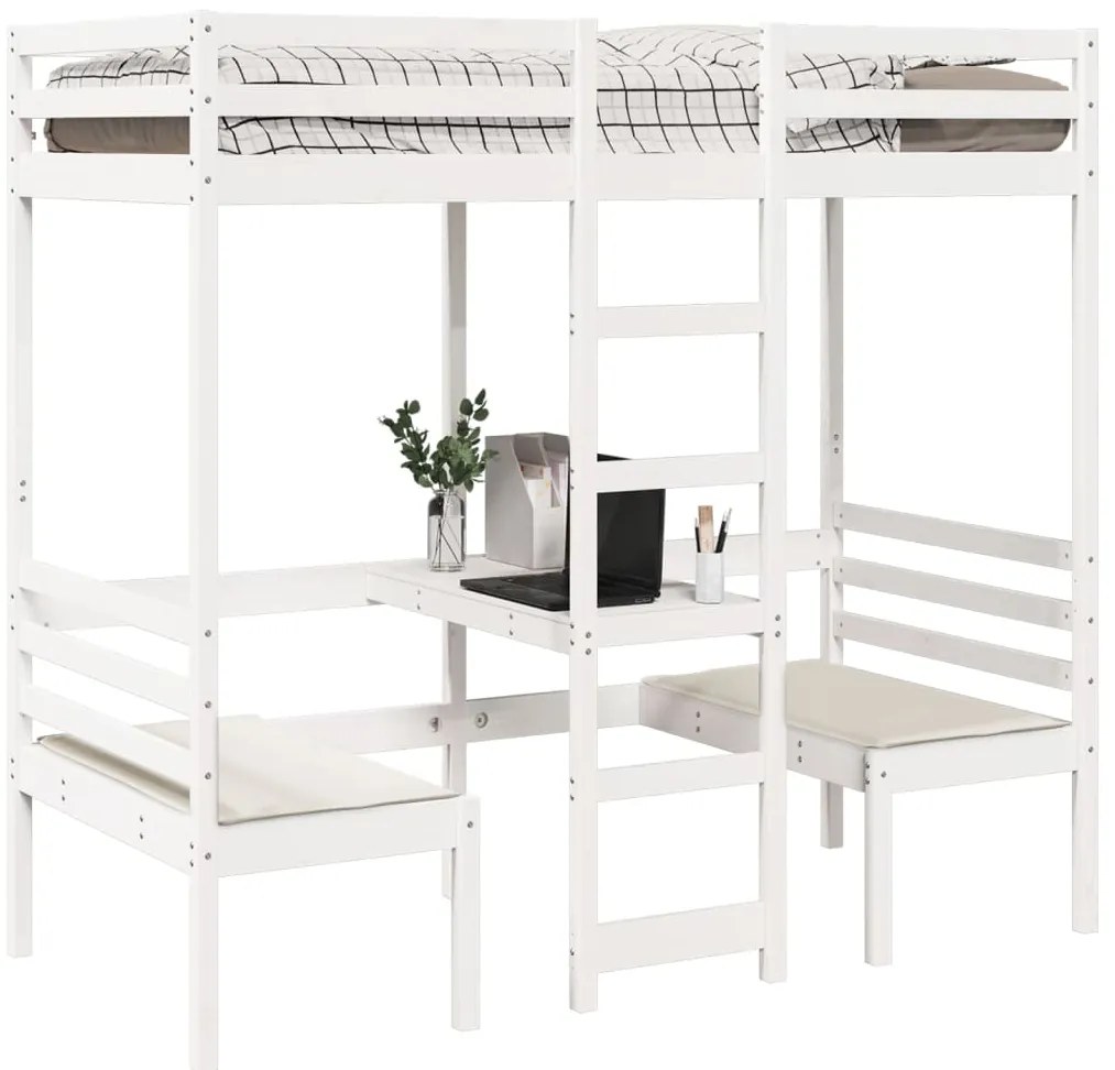 Cama alta c/ secretária/cadeiras 75x190 cm pinho maciço branco