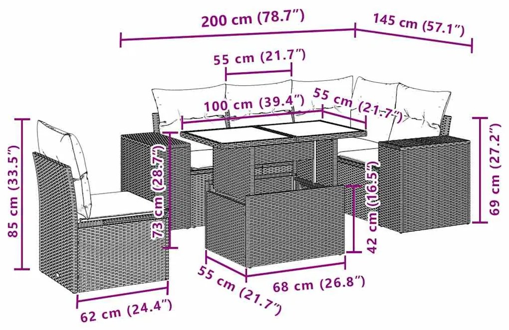 6 pcs conjunto sofás de jardim c/ almofadões vime PE preto