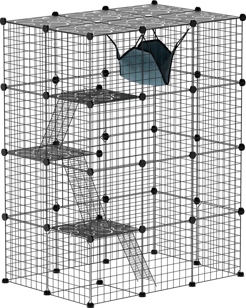 Gaiola Interior para Gatos, 105 x 70 x 140 cm, 4 Níveis Modulares, Preto
