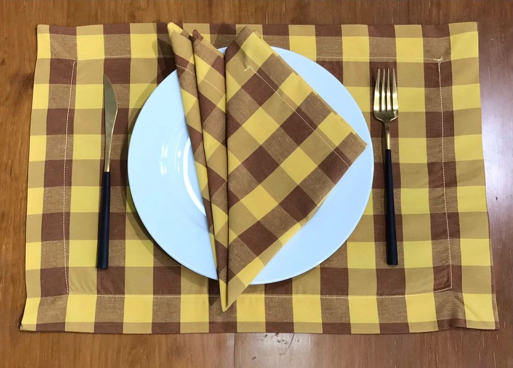 Guardanapo e Individual - Quadrados grandes Amarelo e Castanho