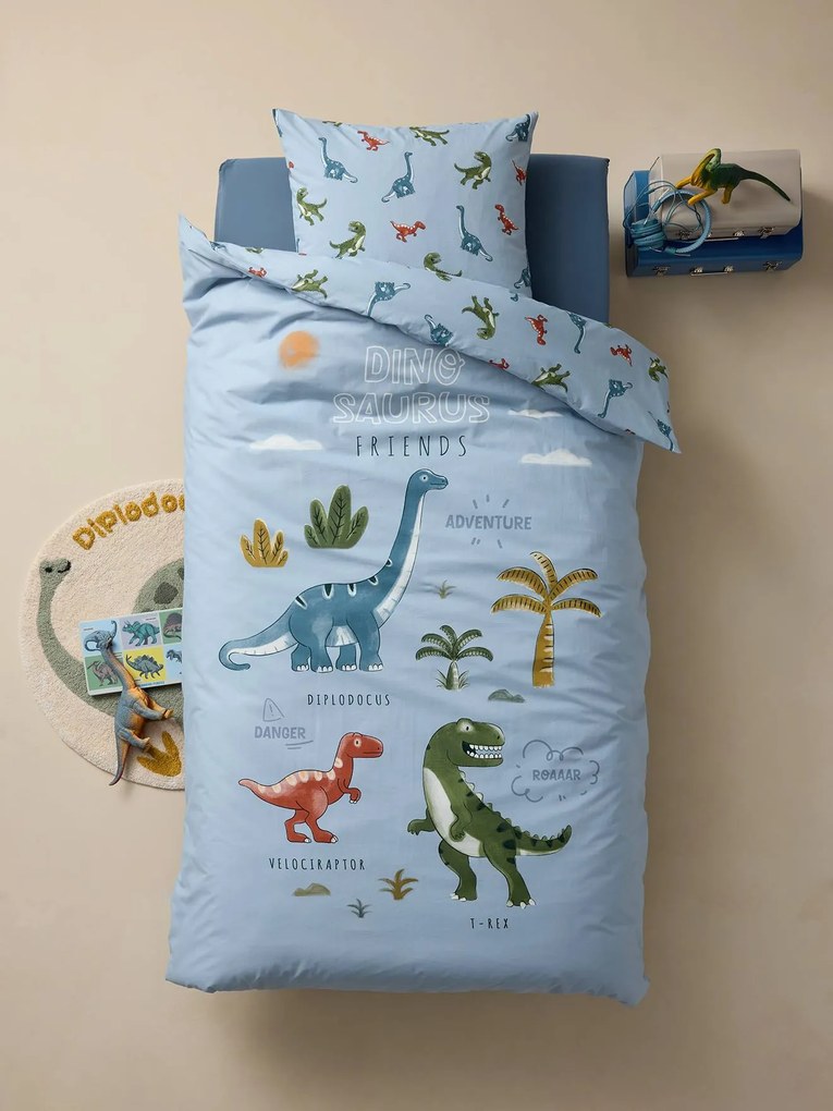 Conjunto capa de edredon + fronha de almofada para criança, com algodão reciclado, DINO FRIENDS azul-cristalino