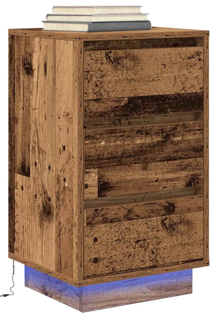 Mesa de cabeceira com luzes LED 38x34x65 cm madeira velha