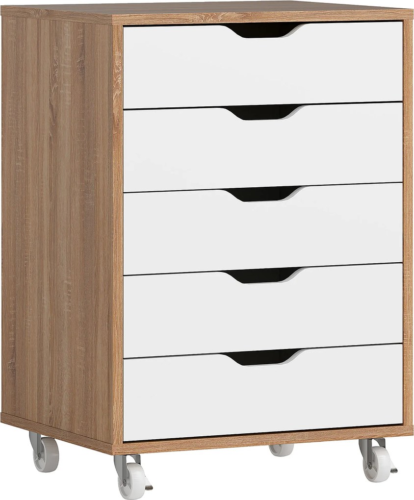 Vinsetto Gaveteiro Móvel de Escritório Móvel de Arrumação com Rodízios 5 Gavetas 47,5x39,5x67,5 cm Branco e Carvalho | Aosom Portugal
