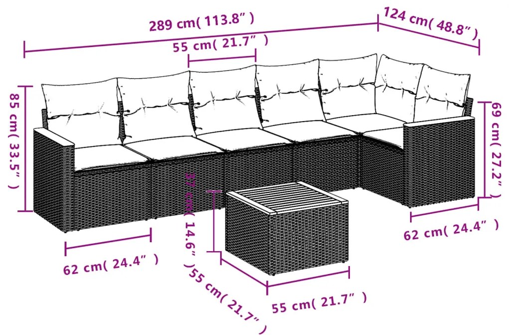 7 pcs conjunto de sofás p/ jardim c/ almofadões vime PE preto