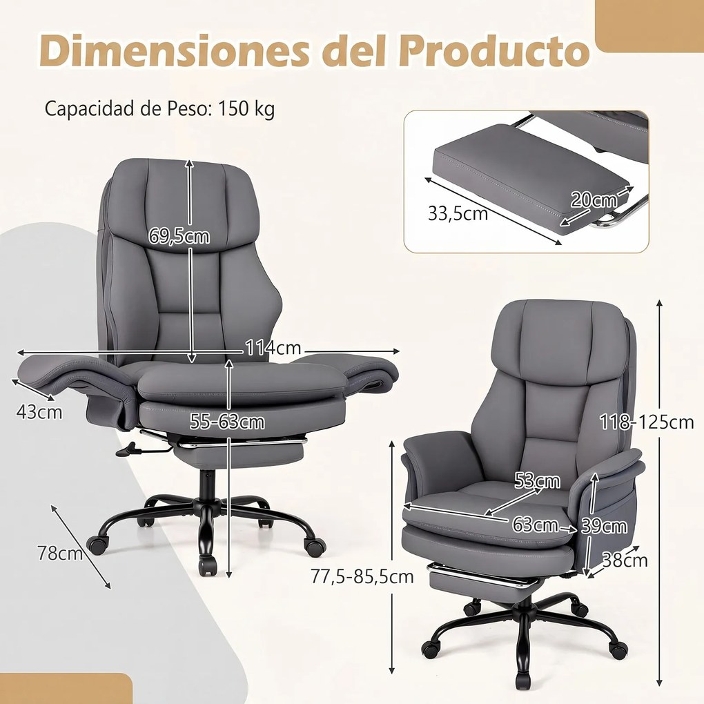 Cadeira de Escritório com Apoio para os Pés, 63-114 x 78 x 118-125 cm, Encosto Reclinável, Cinzento