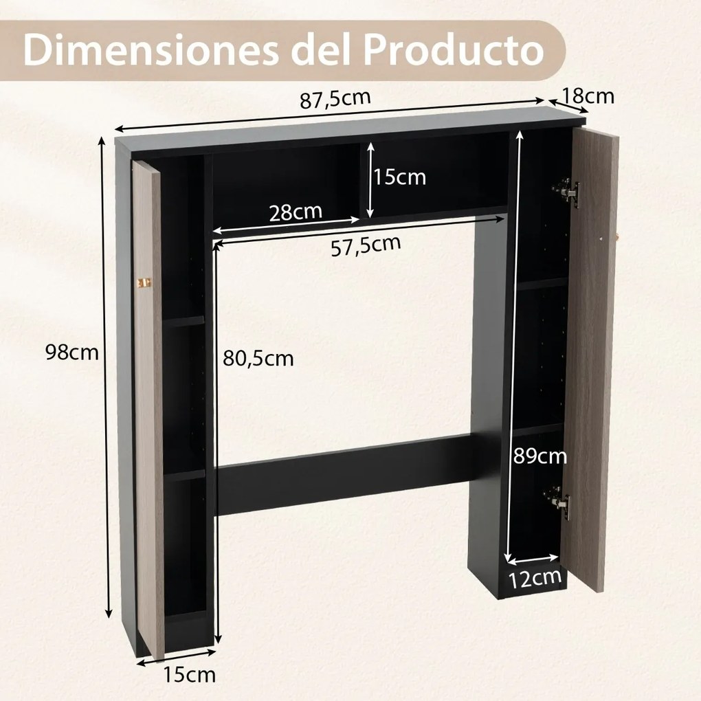 Estante sobre sanita de casa de banho 87,5 x 18 x 98 cm com 2 portas e 2 compartimentos abertos Preto e Castanho