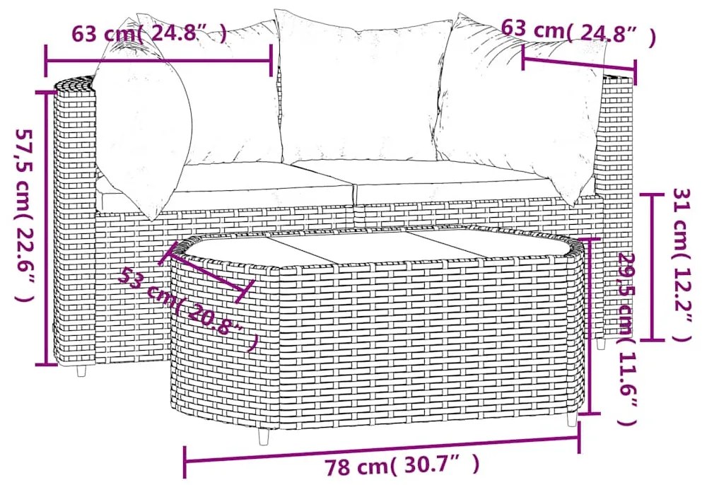3 pcs conjunto lounge de jardim c/ almofadões vime PE cinzento