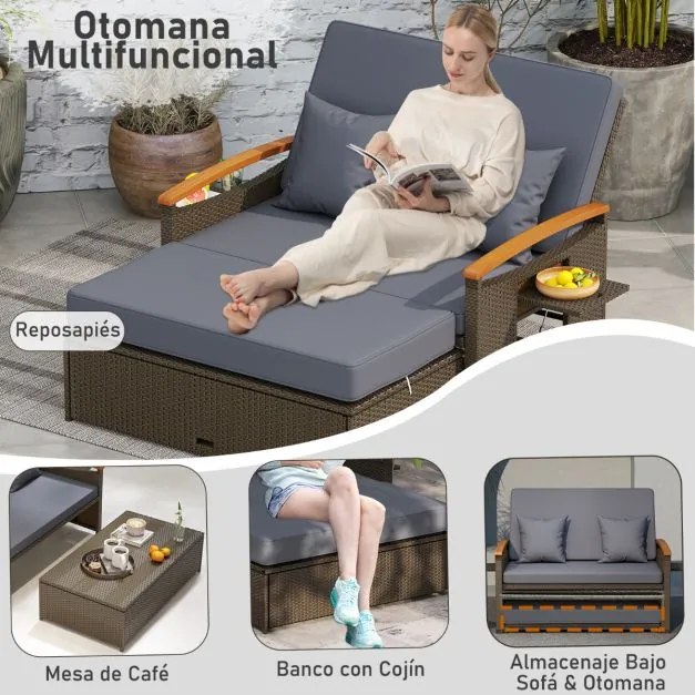 Sofá-cama de rattan para exterior com apoio para os pés com arrumação Encosto ajustável em 4 níveis e tabuleiros laterais retrácteis Castanho/cinzento