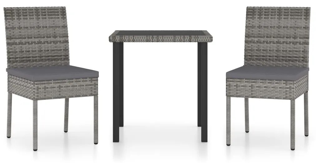 3 pcs conjunto de jantar para jardim vime PE cinzento