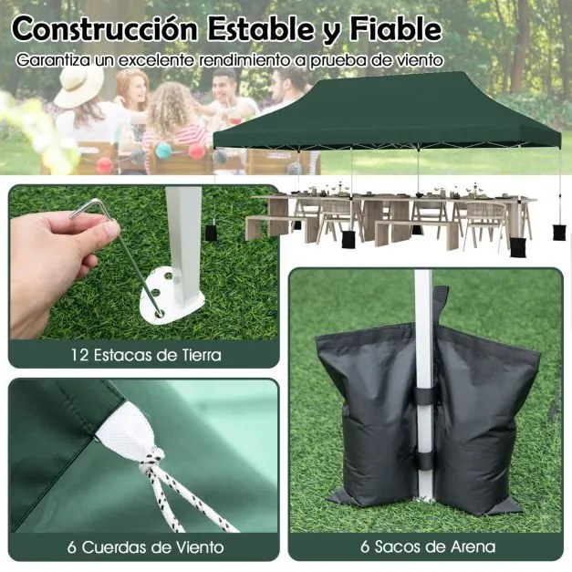 Tenda Pop Up Festas, Feiras, Jardim dobrável de 3 x 6 m com bolsa de transportee 6 sacos areia, portátil para festas com altura ajustável verde