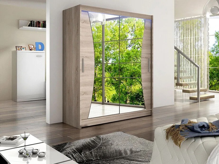 Roupeiro Closico Camera IX, Trufa carvalho, 200x150x58cm, 119 kg, Portas para roupeiro: Deslizante, Número de prateleiras: 5, Número de prateleiras: 5