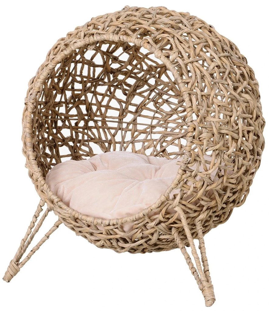 PawHut Caverna de rattan PE para gatos com Almofada com tripé de flanela e almofada de algodão macio Φ52x58 cm Cor de madeira natural