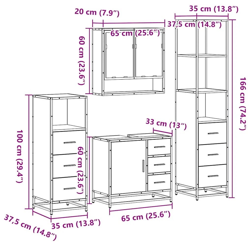 4 pcs Conjunto móveis casa de banho madeira proc. cinza sonoma