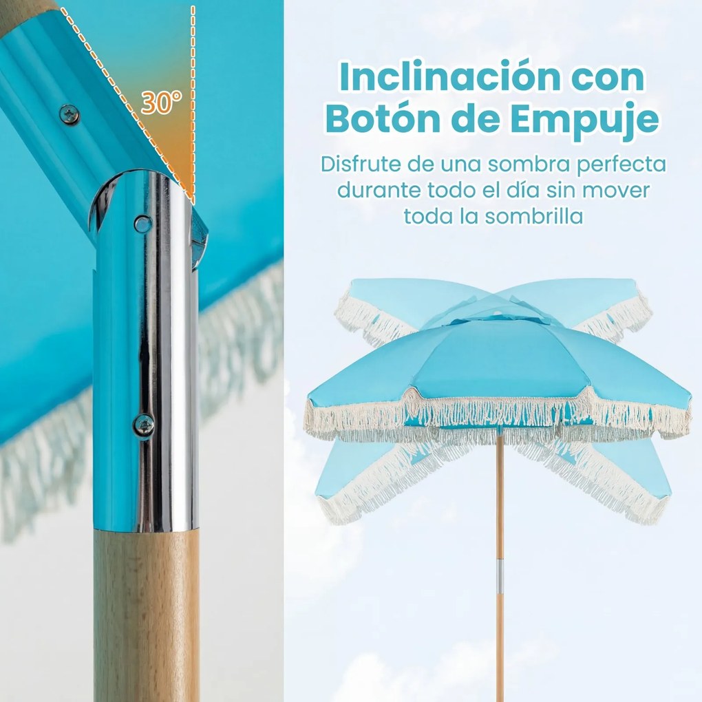 Guarda-sol de praia grande, 173 cm, mastro de madeira, 8 varas de fibra de vidro, inclinável, com borlas, para exterior e jardim, azul
