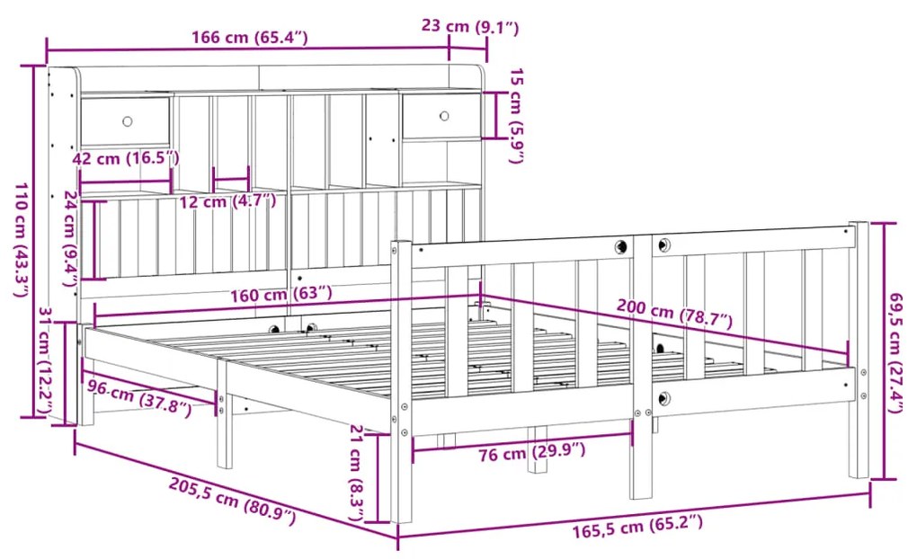 Cama com estante sem colchão 160x200 cm pinho maciço branco