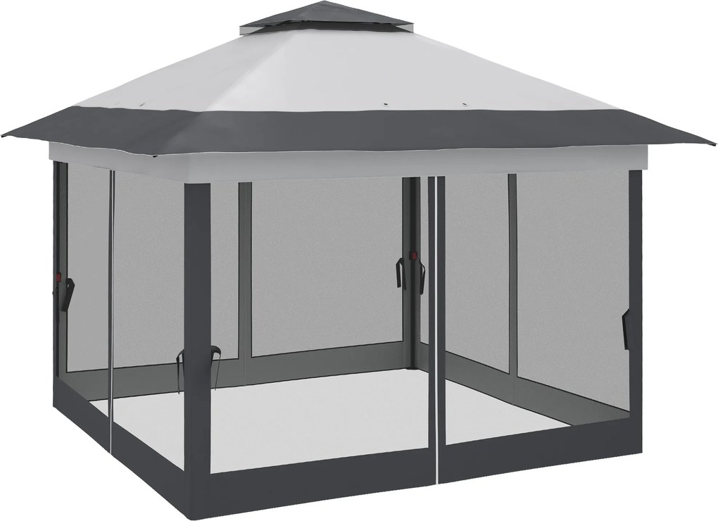 Tenda de jardim pop-up dobrável em aço e poliéster com redes mosquiteiras + saco de transporte com rodas cinzento