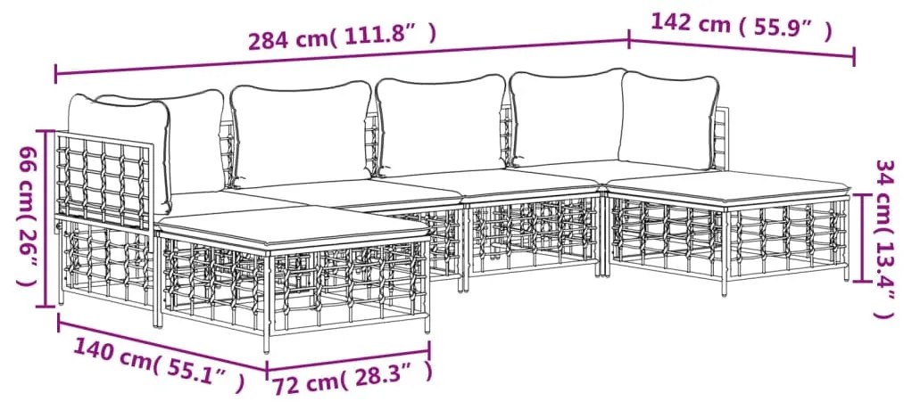 6 pcs conjunto lounge de jardim c/ almofadões vime PE antracite