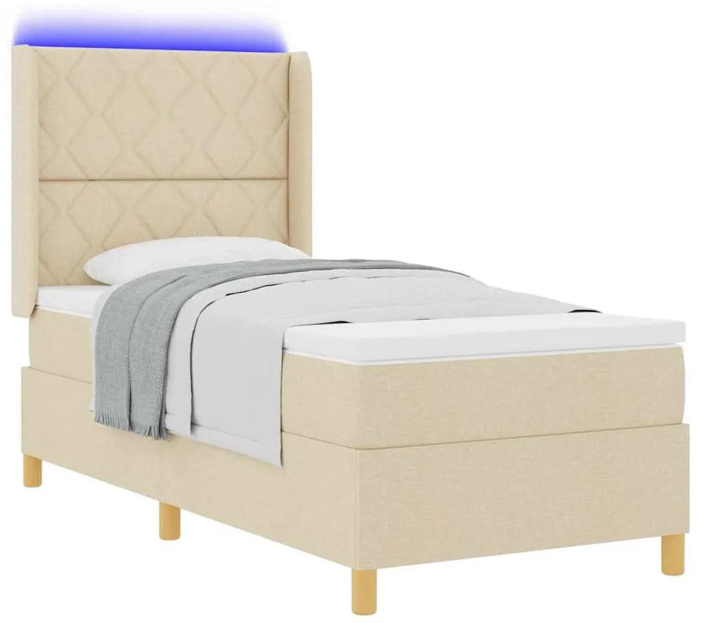 Cama Box Spring vidaXL com Colchão e LED Creme 90x200 cm Tecido