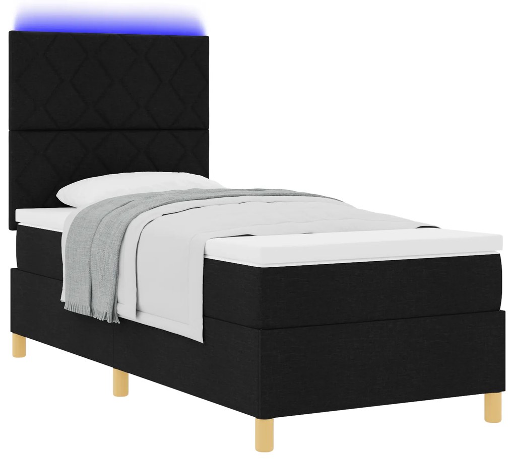 Cama Box Spring com Colchão & LED Preto 90x200 cm Tecido