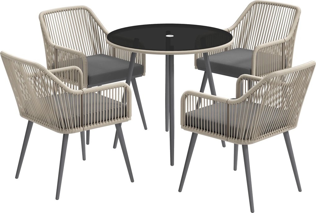 Outsunny Conjunto de Jardim 4 Lugares em Resina Trançada Mesa Redonda em Vidro com Almofadas Castanho | Aosom Portugal