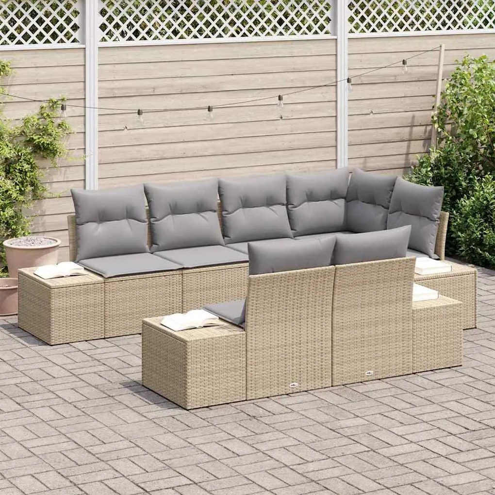 Conjunto de Sofás de Jardim com 7 Peças e Almofadas de Rattan em Polié