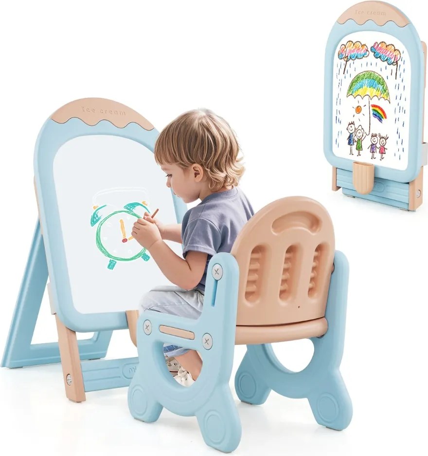 Cavalete de arte dobrável com altura ajustável, cadeira, marcadores, apagador a seco e brinquedos magnéticos azul