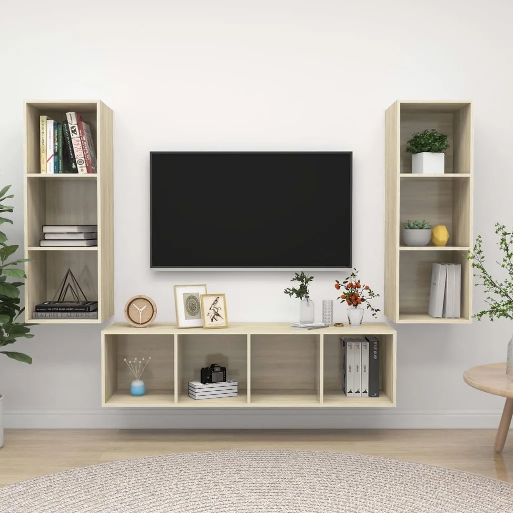 3 pcs conjunto móveis de TV derivados madeira carvalho sonoma