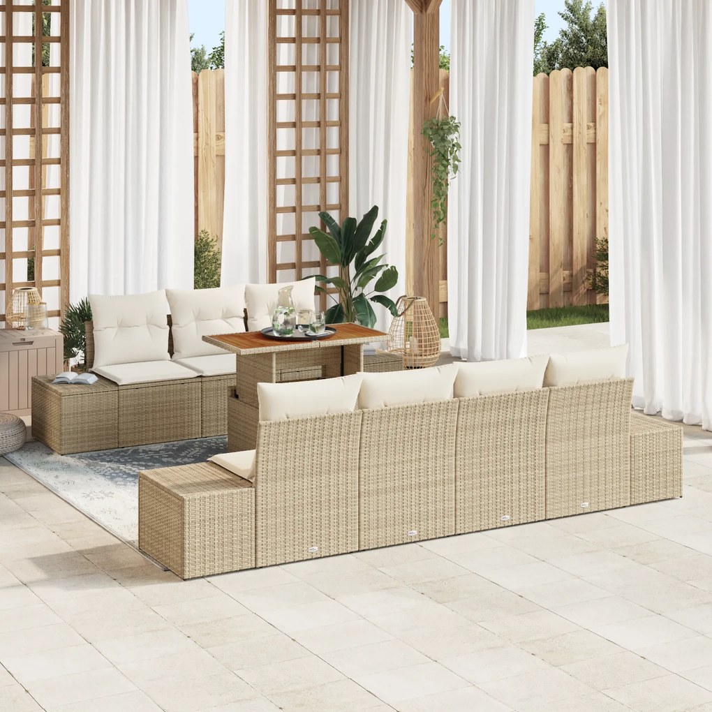 Conjunto de Sofá de Jardim de 8 Peças com Almofadas Bege Vime PE