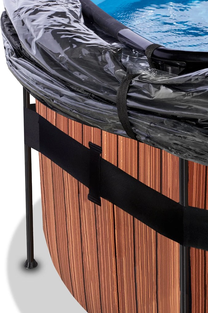 Piscina redonda Wood ø427x122cm com bomba de filtro de areia, cobertura e bomba de calor - Castanha