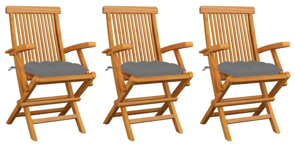vidaXL Cadeiras de jardim c/ almofadões cinzentos 3 pcs teca maciça