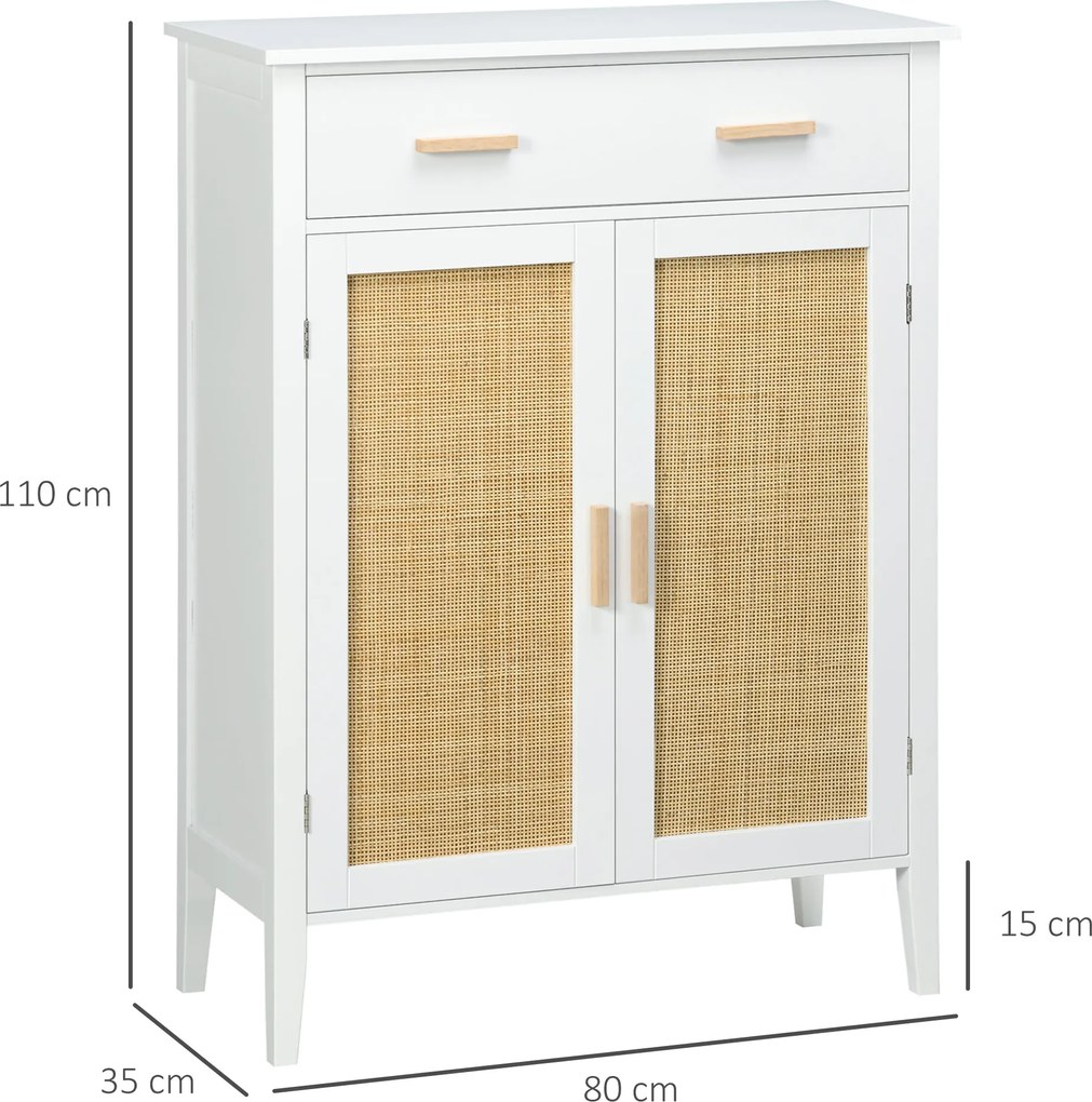 Sapateira com 2 portas com efeito de vime e gaveta, 80 x 35 x 110 cm, branco