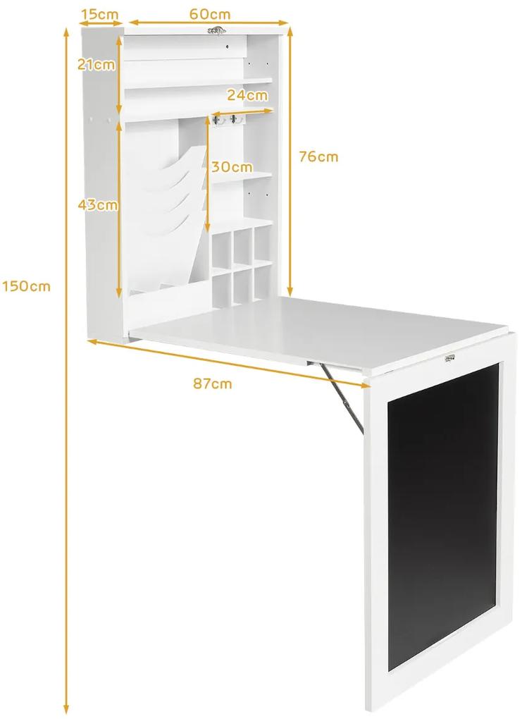 Secretária compacta para computador dobrável de parede com quadro ajustável 87 x 60 x 150 cm branco