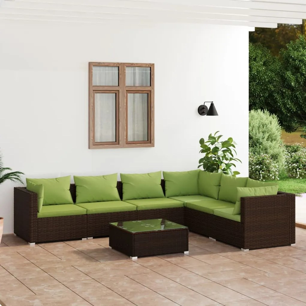 vidaXL 7 pcs conjunto lounge de jardim c/ almofadões vime PE castanho