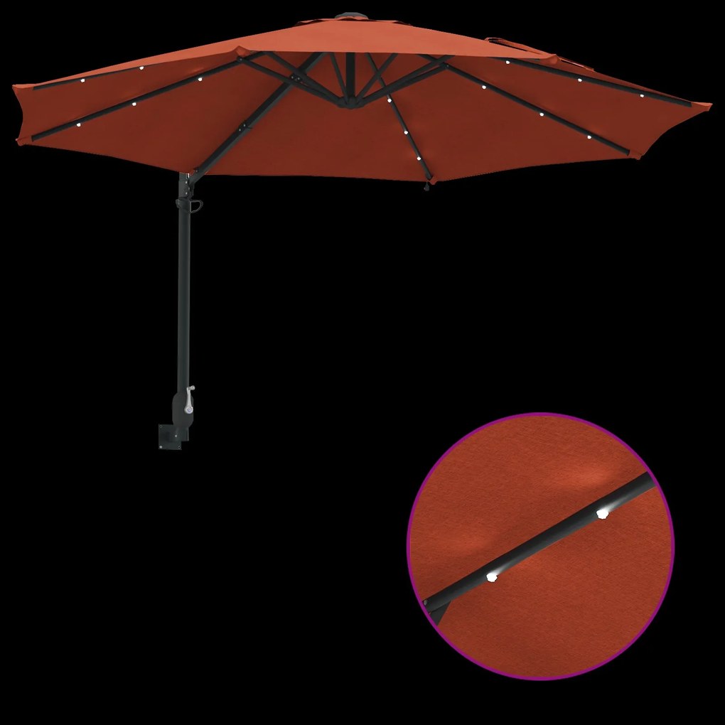 Guarda-sol de Jardim Montado na Parede com LEDs Terracota 248 cm