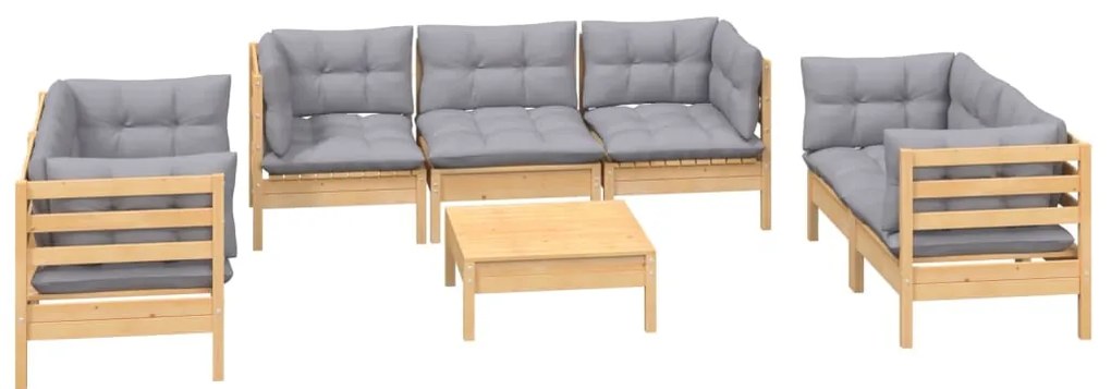 8 pcs conj. lounge jardim c/ almofadões cinzentos pinho maciço