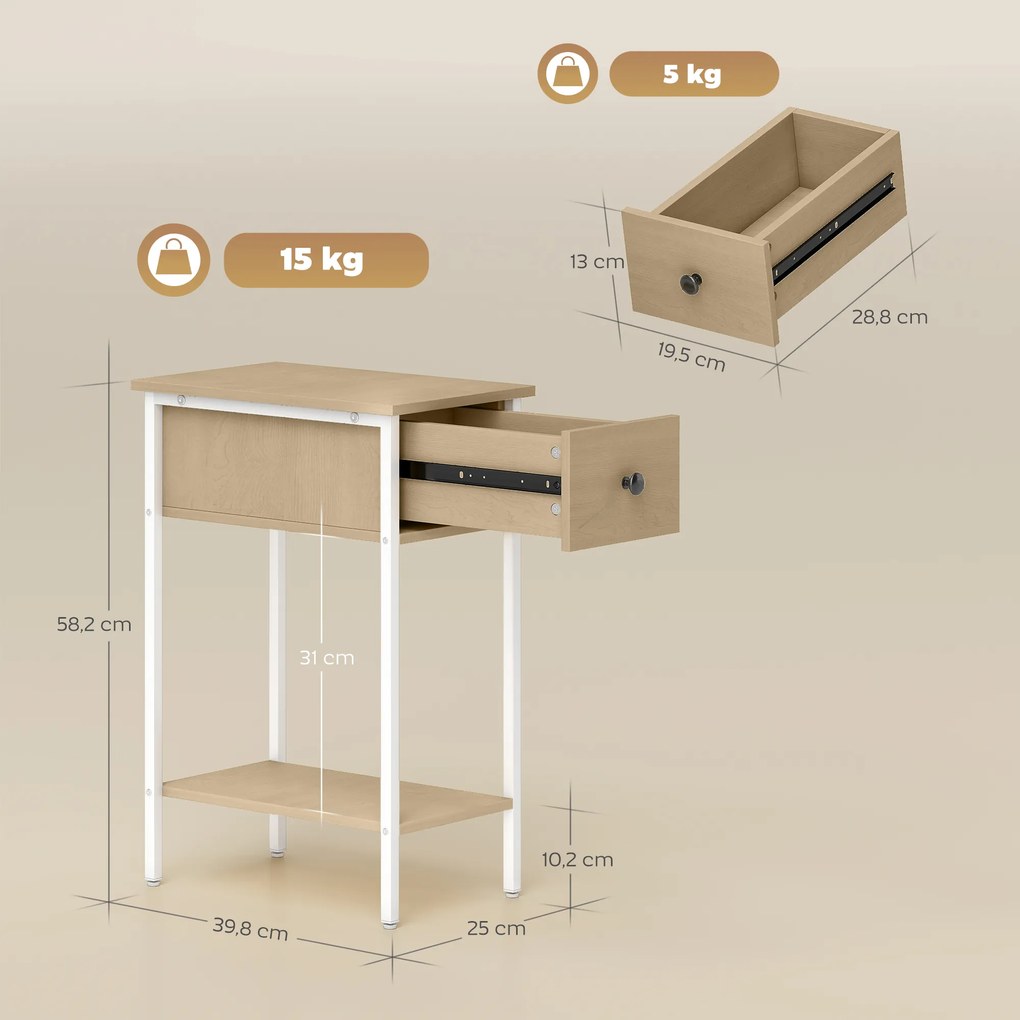Mesa Auxiliar Estreita Mesa Auxiliar Industrial com Gaveta Prateleira Aberta e Estrutura Metálica 25x39,8x58,2 cm Madeira