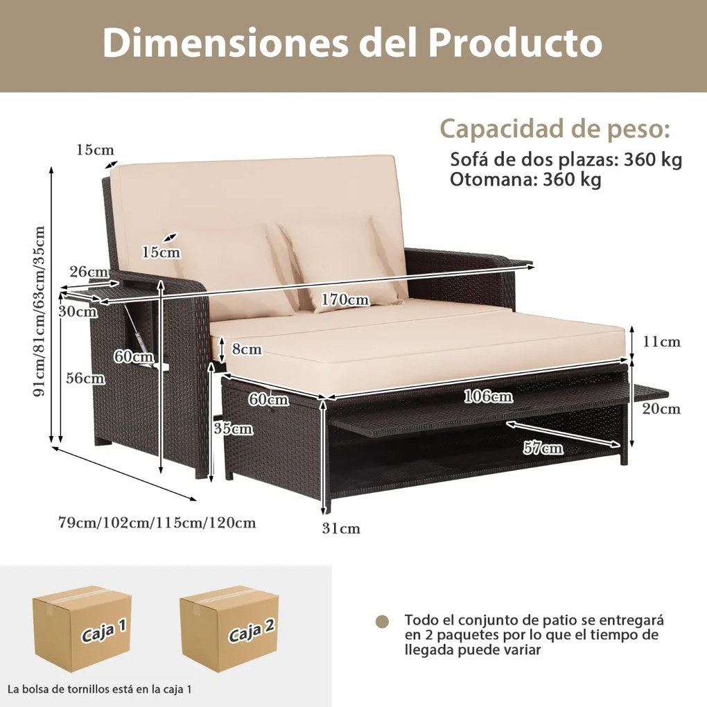Conjunto sofá cama jardim de 2 lugares em rattan com pufe multifunções Tabuleiro lateral retrátil Encosto ajustável de 4 níveis Castanho