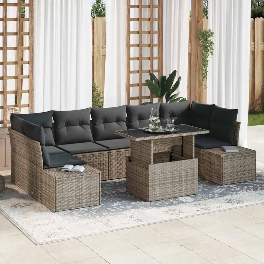 vidaXL Sofá de Jardim de 8 Peças com Almofadas Cinza em Rattan Sintético