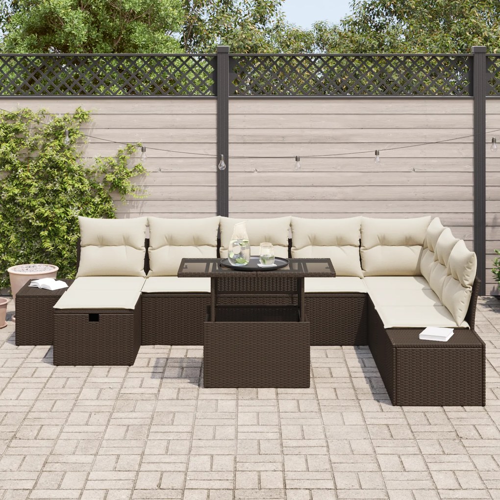 Conjunto de Sofá de Jardim de 9 Peças com Almofadas em Polirattan Marr