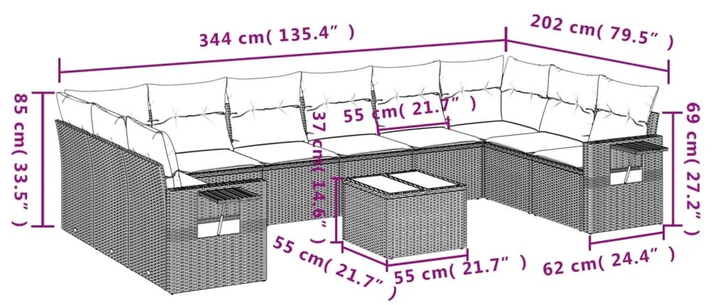 11 pcs conjunto sofás de jardim c/ almofadões vime PE cinzento