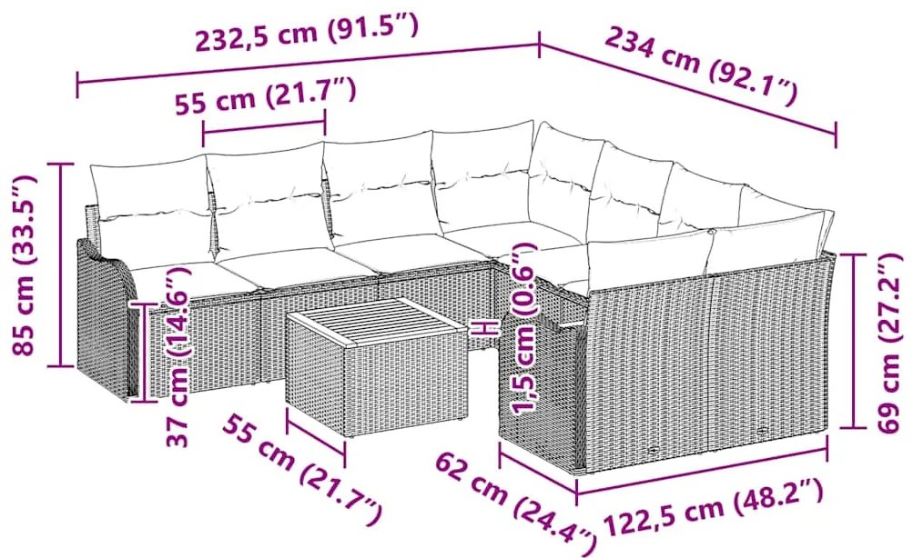 Conjunto de Sofás de Jardim 9 Peças com Almofadas de Rattan Poly Preto