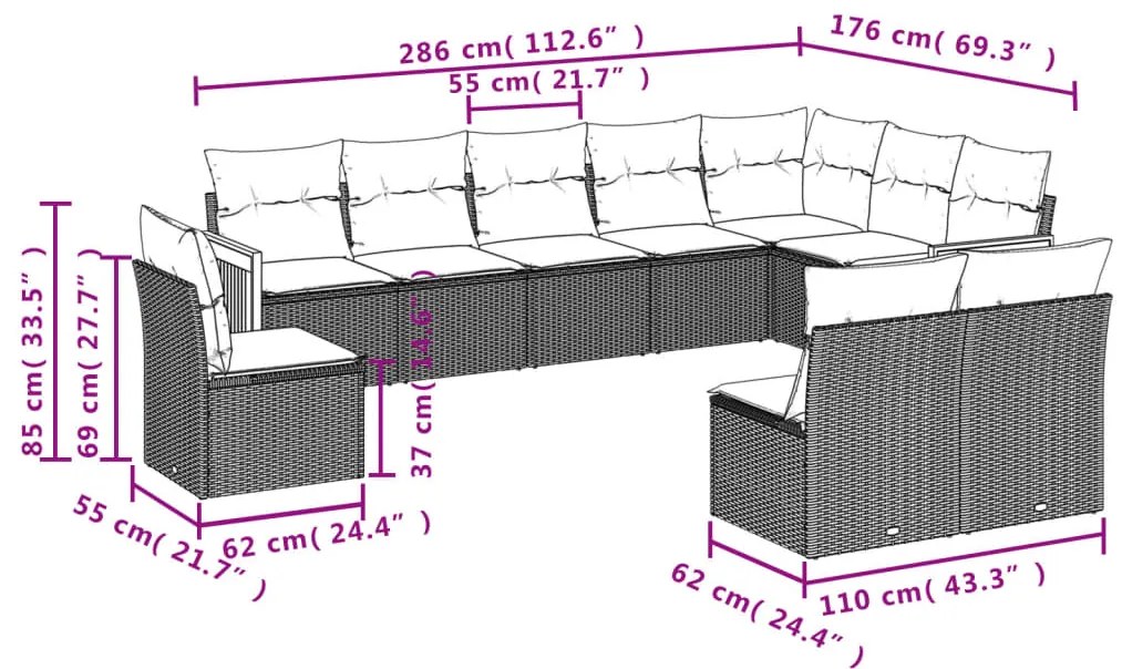 10 pcs conjunto sofás de jardim c/ almofadões vime PE cinzento