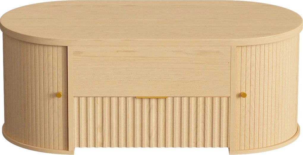 Mesa de Centro com Tampo Elevatório Oval Compartimento Oculto Gaveta Canelada Portas de Correr e Armários 100x50x40 cm Cor Carvalho