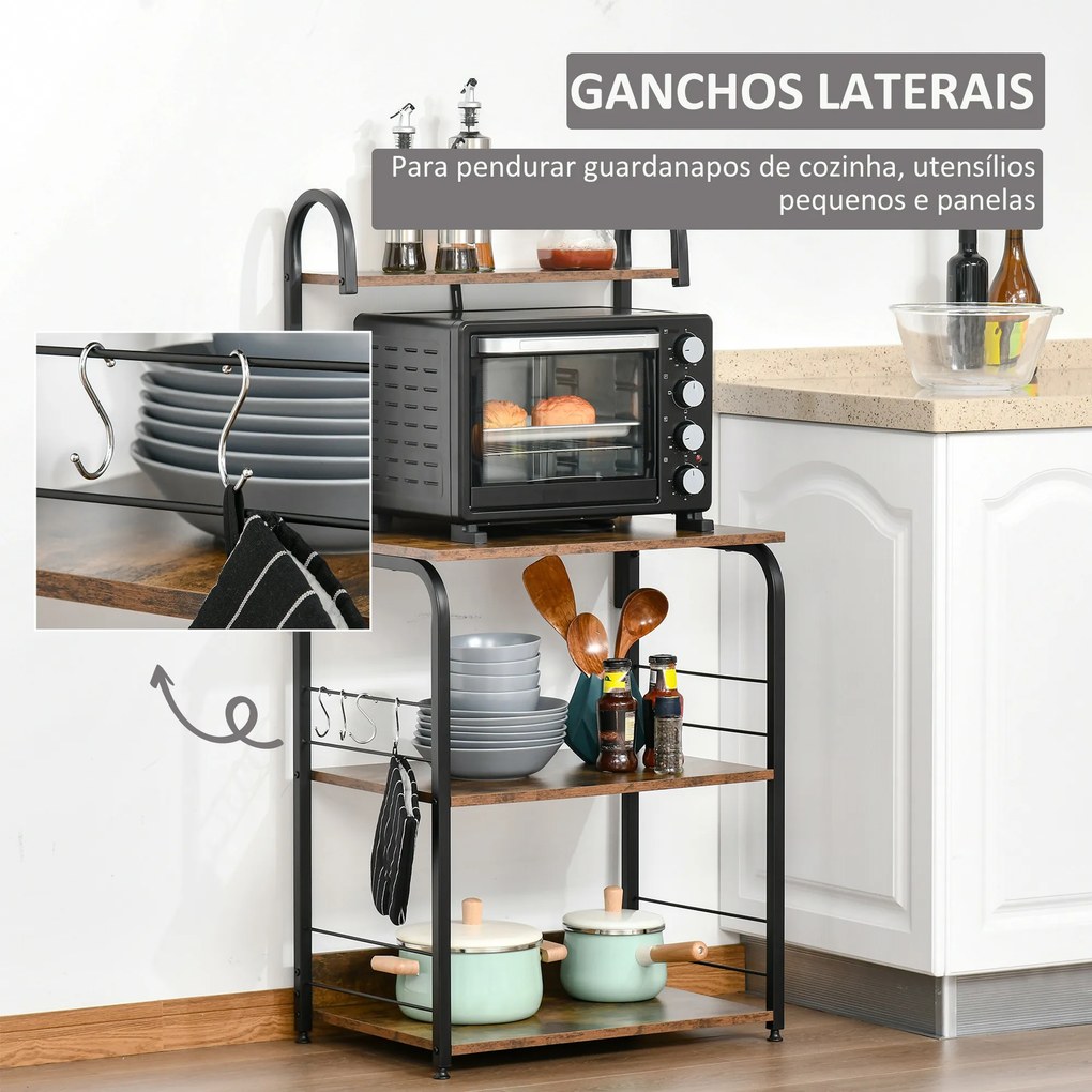 Estante de Cozinha Estante para Microondas com 4 Níveis Ganchos e Pés Ajustáveis Estante de Armazenamento 60x40x125 cm Castanho Rústico