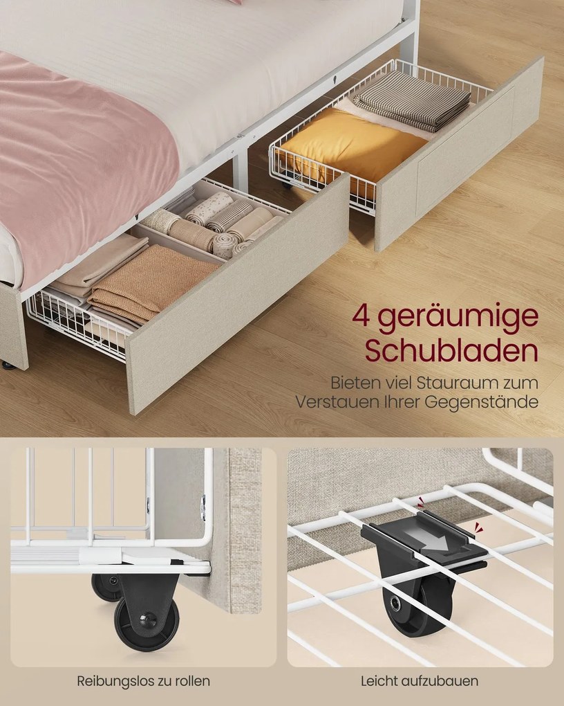 Estrutura de cama com iluminação LED 140 x 200 cm (COLCHÃO NÃO INCLUIDO) , gavetas e cabeceira bege cappuccino