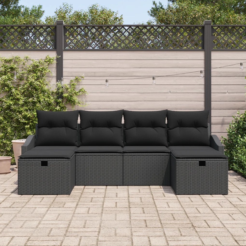 Conjunto de Sofá de Jardim de 6 peças com Almofadas Pretas de Rattan P
